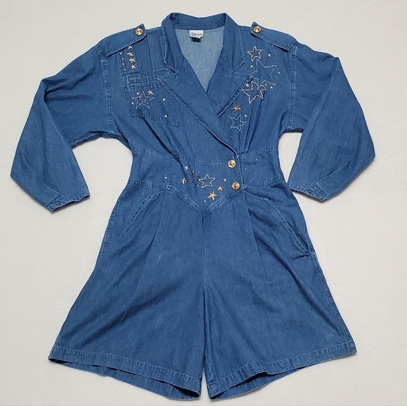 VINTAGE 80s Styleworks Beaded Star Studded Pleated Wide Leg Culotte Denim Romper - Picture 4 of 16